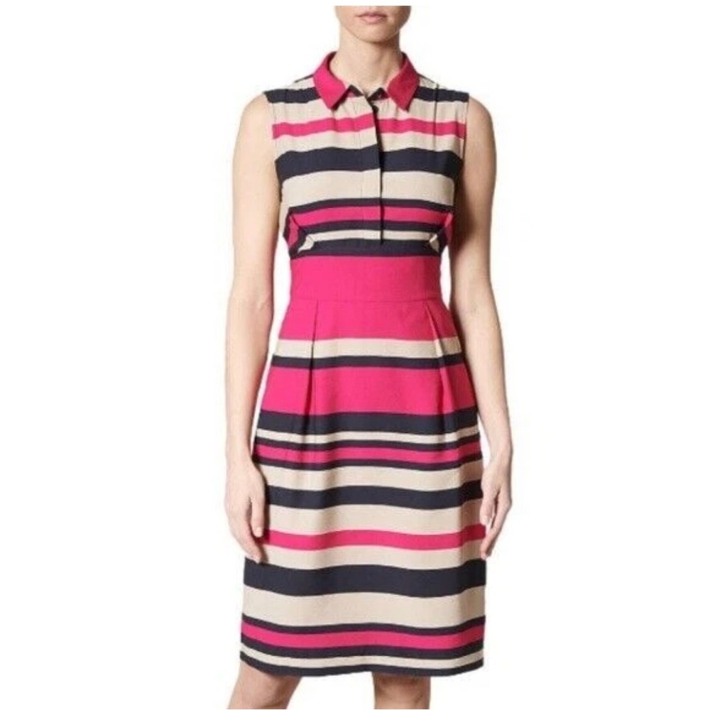 L.K. Bennett Striped Sleeveless Dress Womens 6 Pink Navy Tan Collared Fit Flare